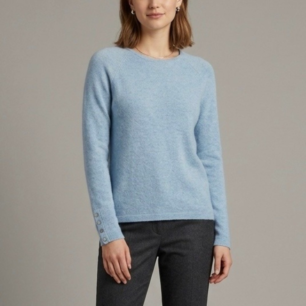 J.McLaughlin 100% Cashmere Crewneck Raglan Sweater Blue Button Cuff Size Small